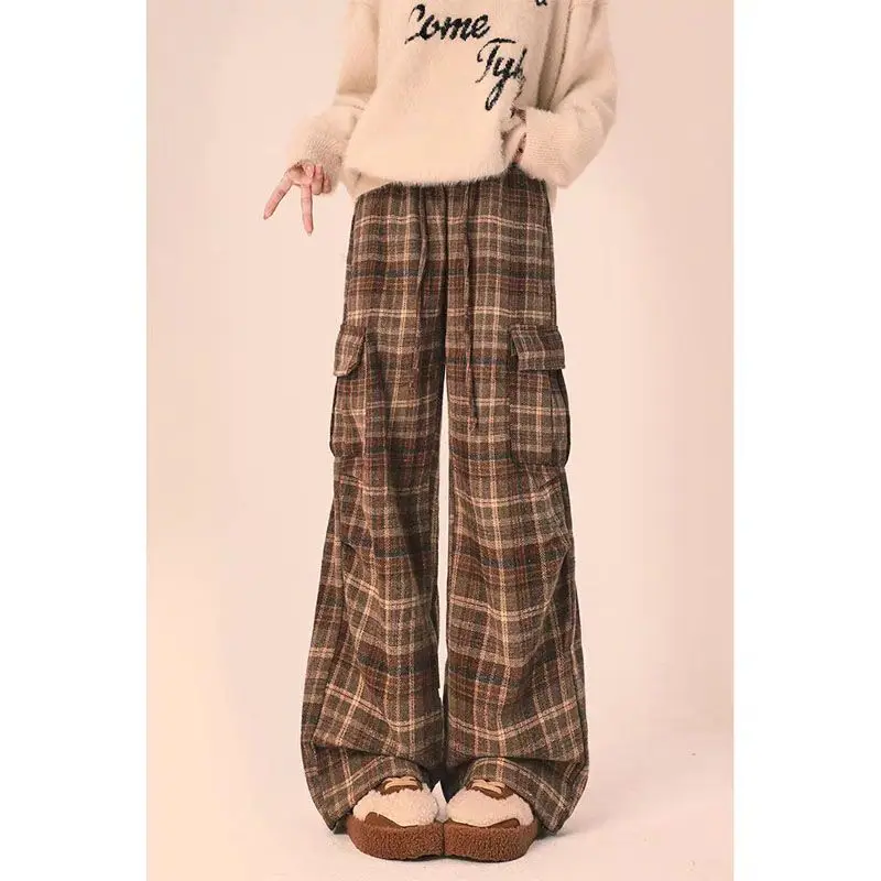

Japanese Harajuku Hot Girl Retro Checkered Work Pants Spring and Autumn Y2K Hot Girl High Waist Straight Tube Loose Casual Pants