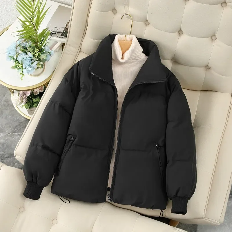 Wadded Jacket For 2026 Autumn Winter Women's Warm Lantern Sleeve Stand Collar Cropped Down Coats Zippered Up Thicken Outerwear