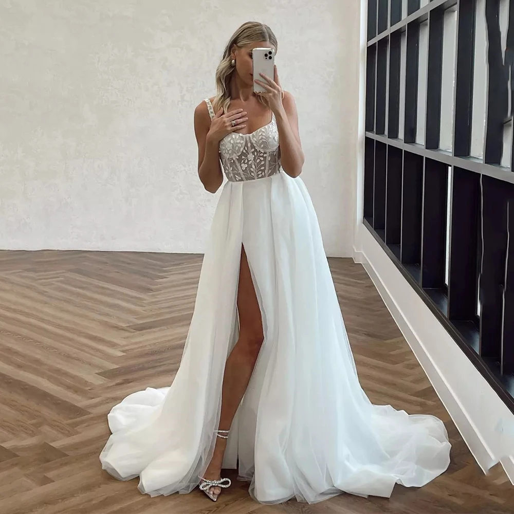 

Pastrol Wedding Dress For Women 2023 Square Collar Sleeveless Bride Dresses High Split Sweep Train A-Line Robe De Mariée