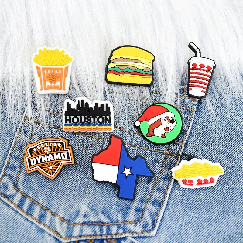 1Pcs PVC Houston Enamel Pin Food Hamburger Chips Brooches Gift Denim Jeans Clothes Bag Pin Badge Button Lapel pin gift for Boys