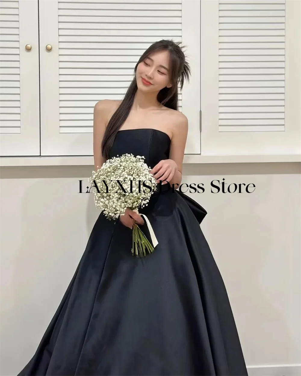 Elegant Black Satin A line Long Evening Dresses with Bow Strapless Korea Wedding Photo Shoot Party Dress Corset Customized 2026