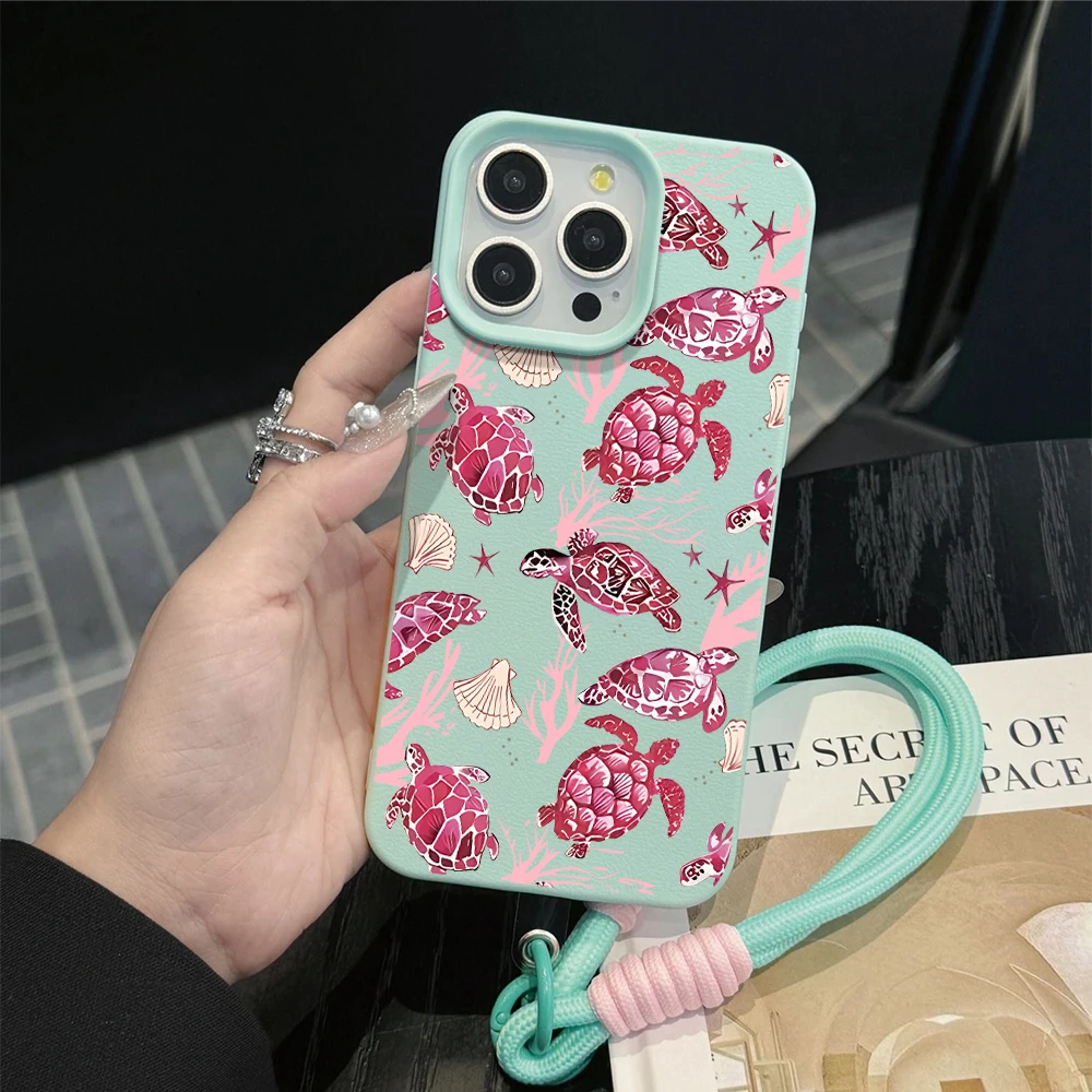 Niedliche Handgelenkschlaufen-Hülle für iPhone 13 14 16 Pro Max Hüllen iPhone 11 12 17 ProMax 13 15 Plus XR Sea ​ ​ Turtle INS mit Lanyard-Hülle – Detail 7