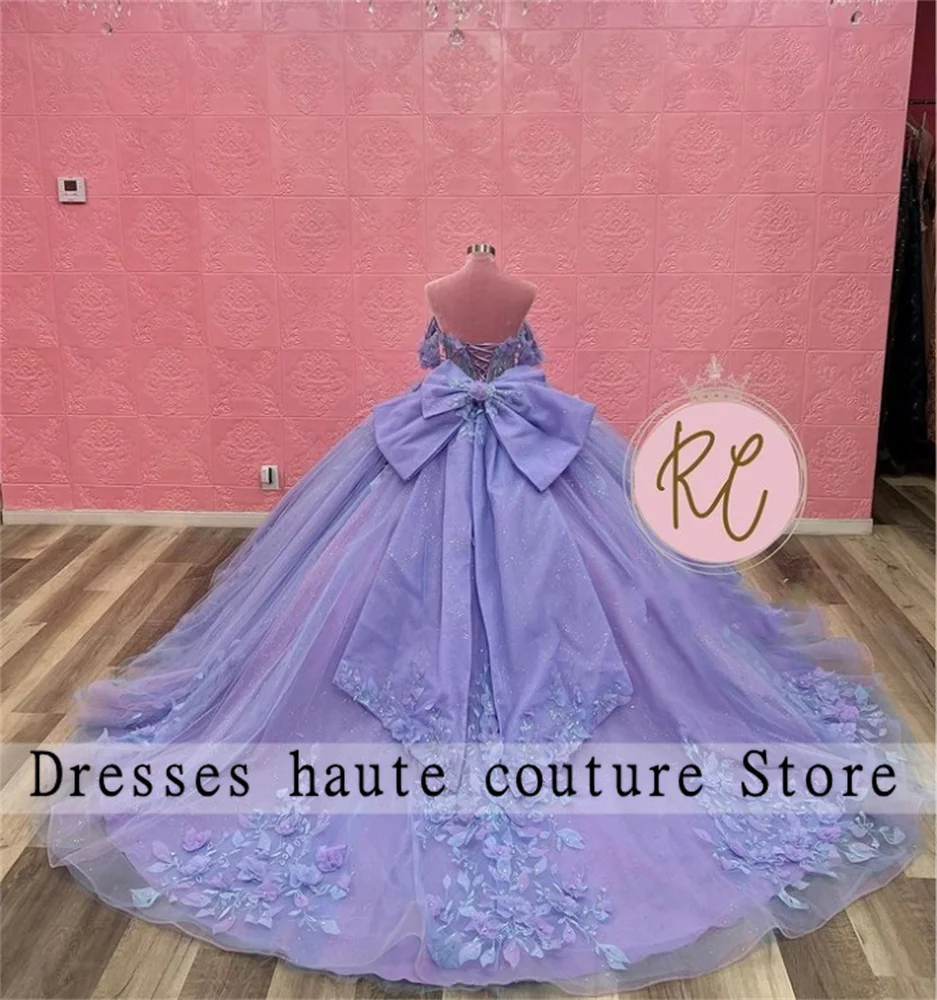 

Lilac Princess Off The Shoulder Ball Gown Quinceanera Dress 2024 With Appliques Birthday Prom Dress For Girl Bow Lace Up Back