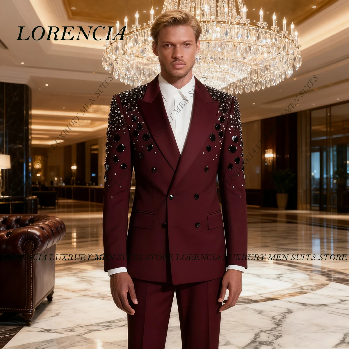 

Customized Luxury Slim Fit Diamond Men Suits High End Beaded Groom Tuxedos 2 Pieces Sets Male Party Prom Blazer Ropa Hombre