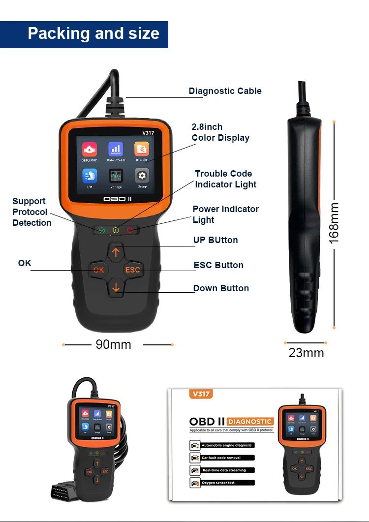 Obd2 ماسح ضوئي للسيارة V317 وظيفة محرك obd كاملة 2.8 بوصة شاشة ملونة obdii قارئ رمز السيارة obd2 أدوات تشخيص السيارات