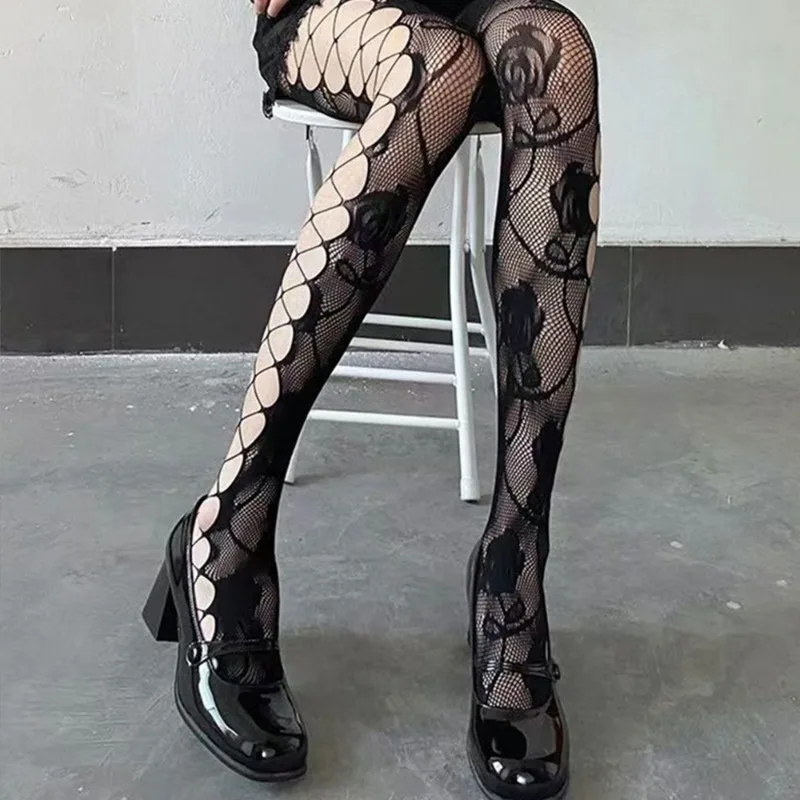 Sexy Fishnet Sock Women Girl Black White Rose Lace Side Hollow Out Jacquard Stockings Soft Comfortable Ultra-Thin Tight Stocking