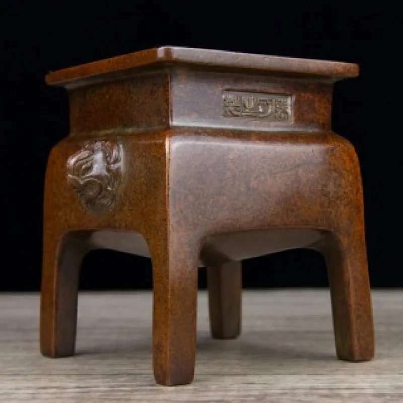 Pure Copper Fine Double Beast Ear Four-Legged Square Incense Burner Censer Stand Office Living Room Shop Desktop Decoration Orna