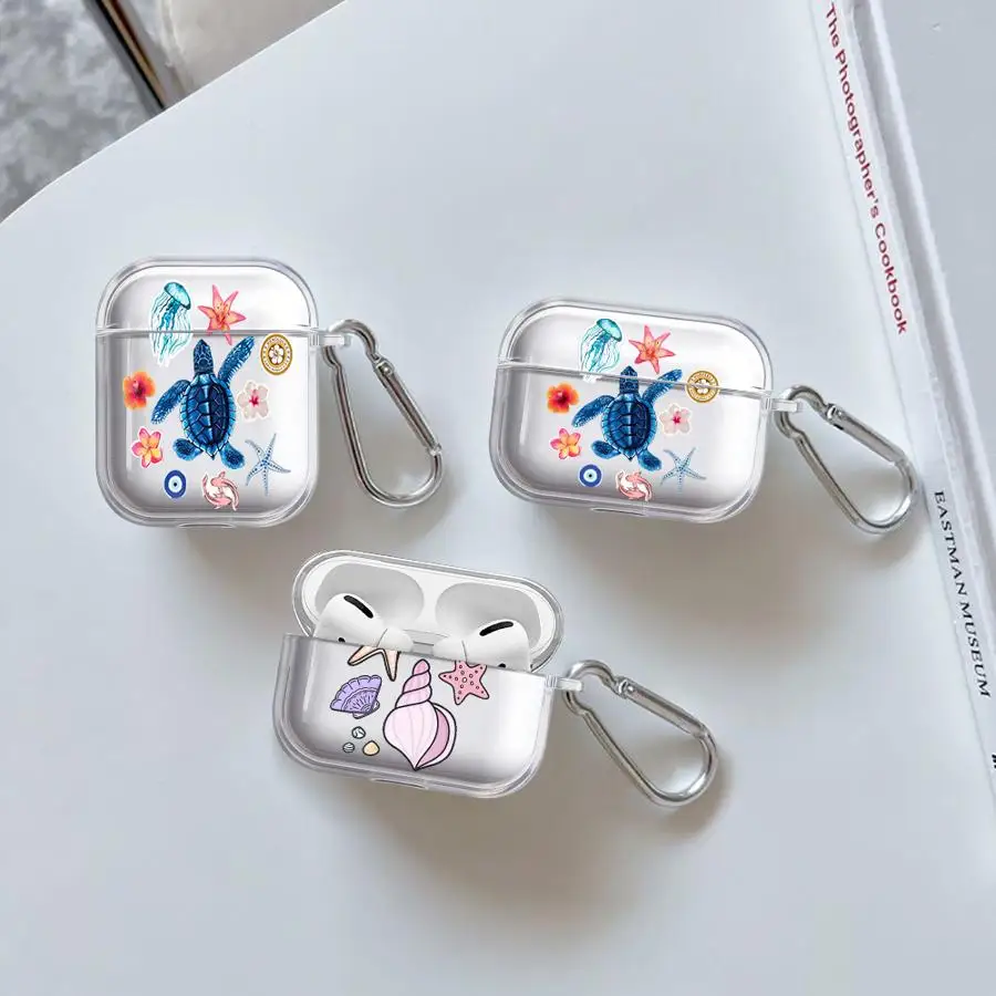 Clear Earphone Cases Cover Case For Airpods Pro 1 2 4 Pro3 3 Pro2 Pastel Ocean Turtle Stickers