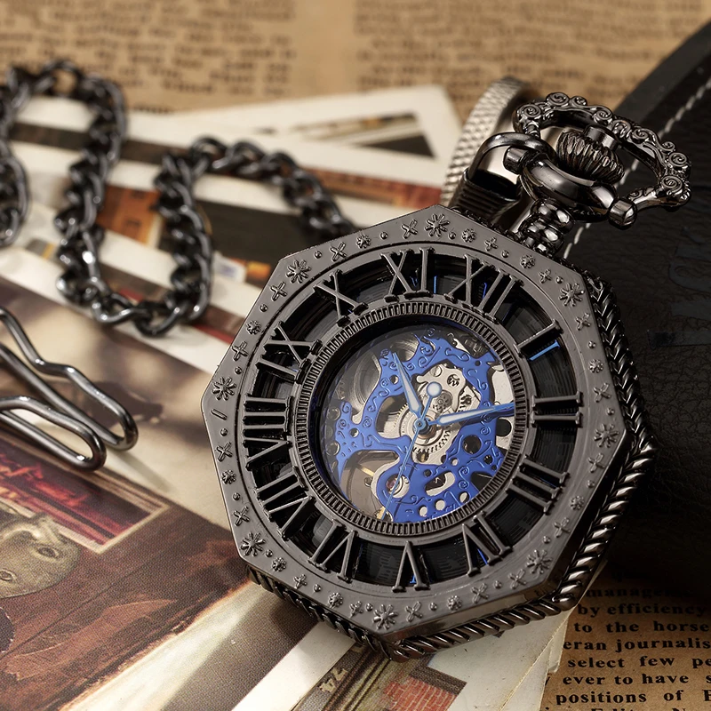 Achthoek Ronde Vintage Man Zakhorloge Fob Met Ketting Steampunk Hanger Horloges Voor Mannen Hanger Retro Klok Ketting