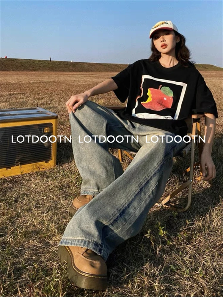 LOTDOOTN Summer New 100% Cotton Apple Graphic T-shirts American Fashion Y2K Women Loose Retro Fresh Harajuku High Street Clothes