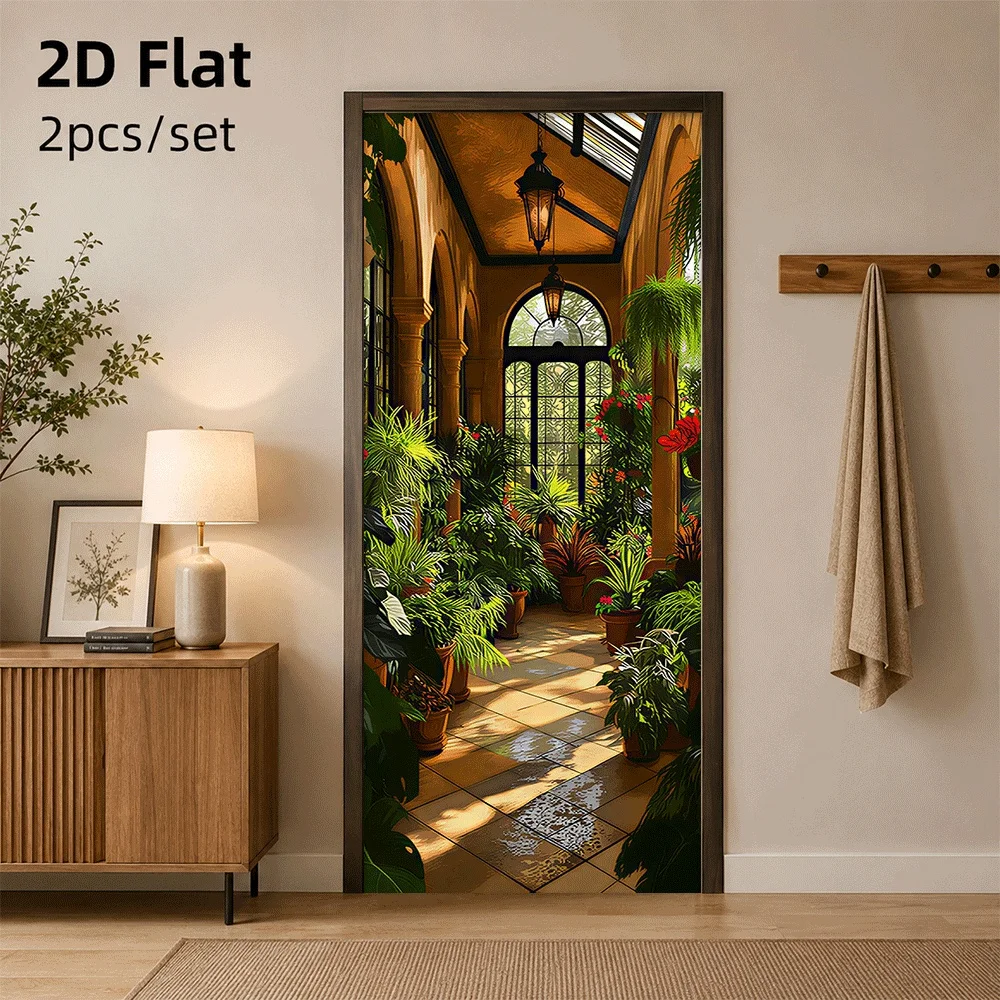 1 piece of retro greenhouse door sticker with European arch design, sunny green plant decoration, 2D plan