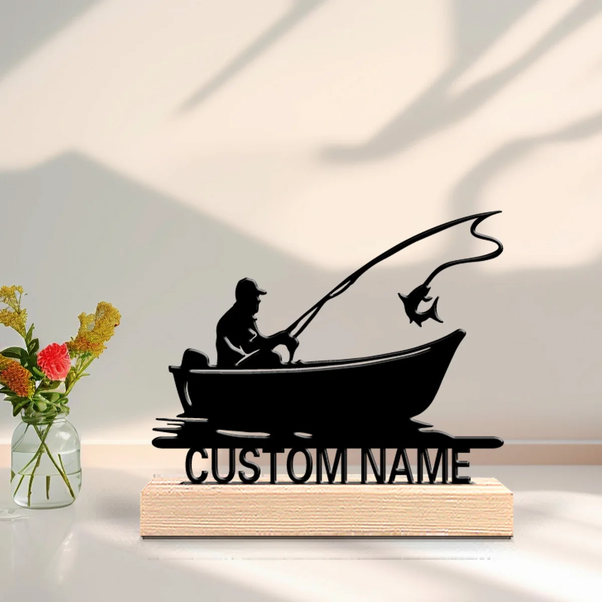 1pc Stylish Personalized Custom People Fishing On Small Boats Metal Statues Metal Art With Wooden Base Suitable For Office, Bedr