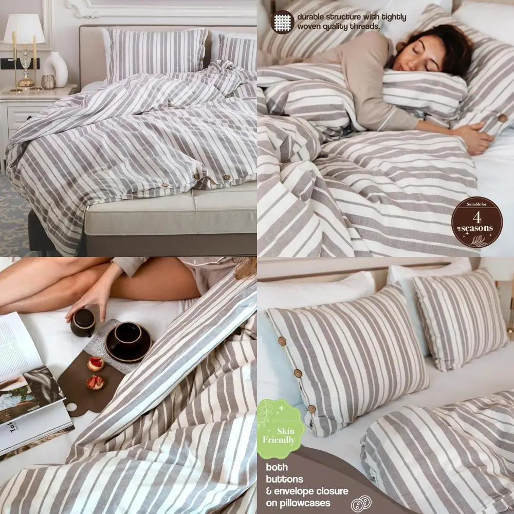 

Комплект постельного белья из 100% натурального хлопка, размер Queen, с полосками под лён, 1 пододеяльник и 2 наволочки, мягкий и простой в уходе (Milas)