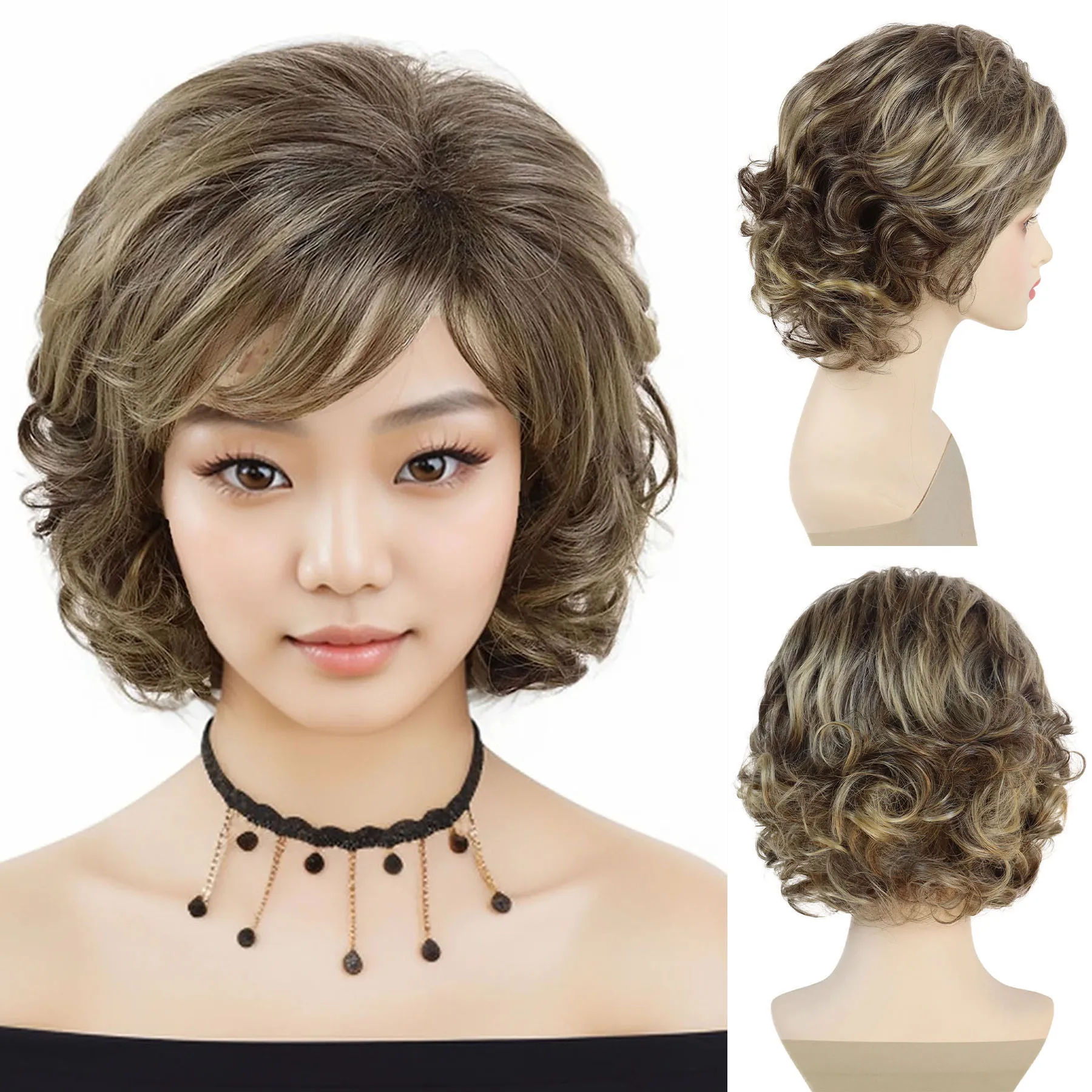 

Synthetic Mixed Blonde Curly Wig with Bangs Short Wigs for Women Natural Brown Hairstyle Mommy Bob Wig Cosplay Costume Party