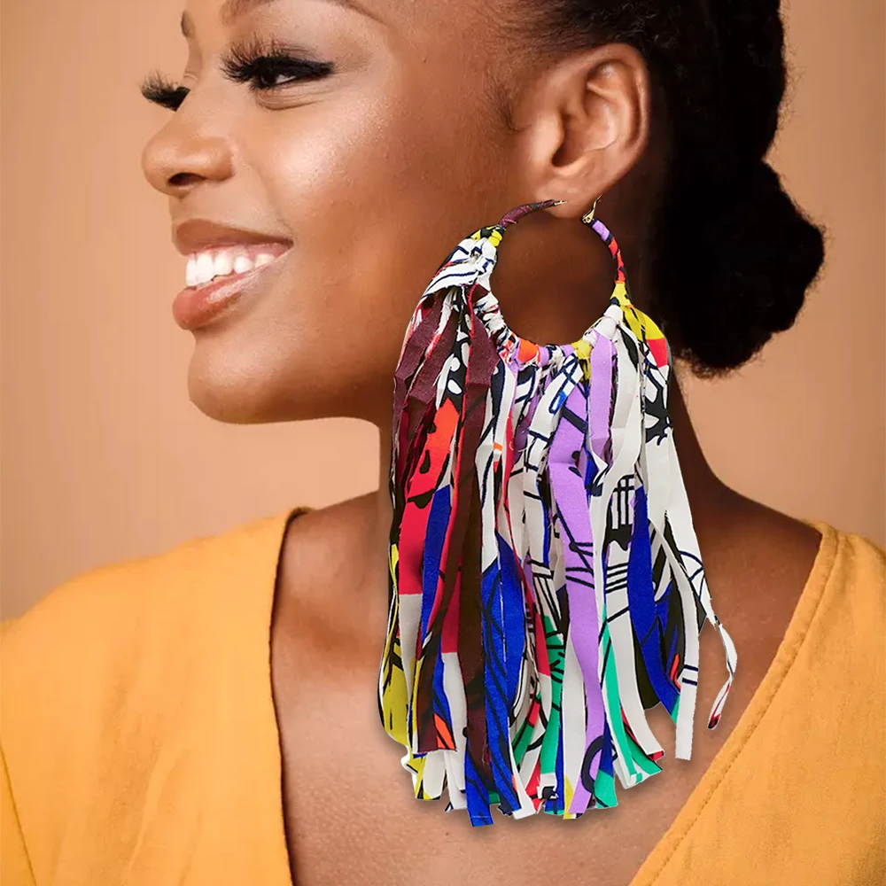 African Fabric Earrings Handmade Drop Tassels Earrings For Women Ethnic African Print Ankara Big Oversized Earings Daily Wear