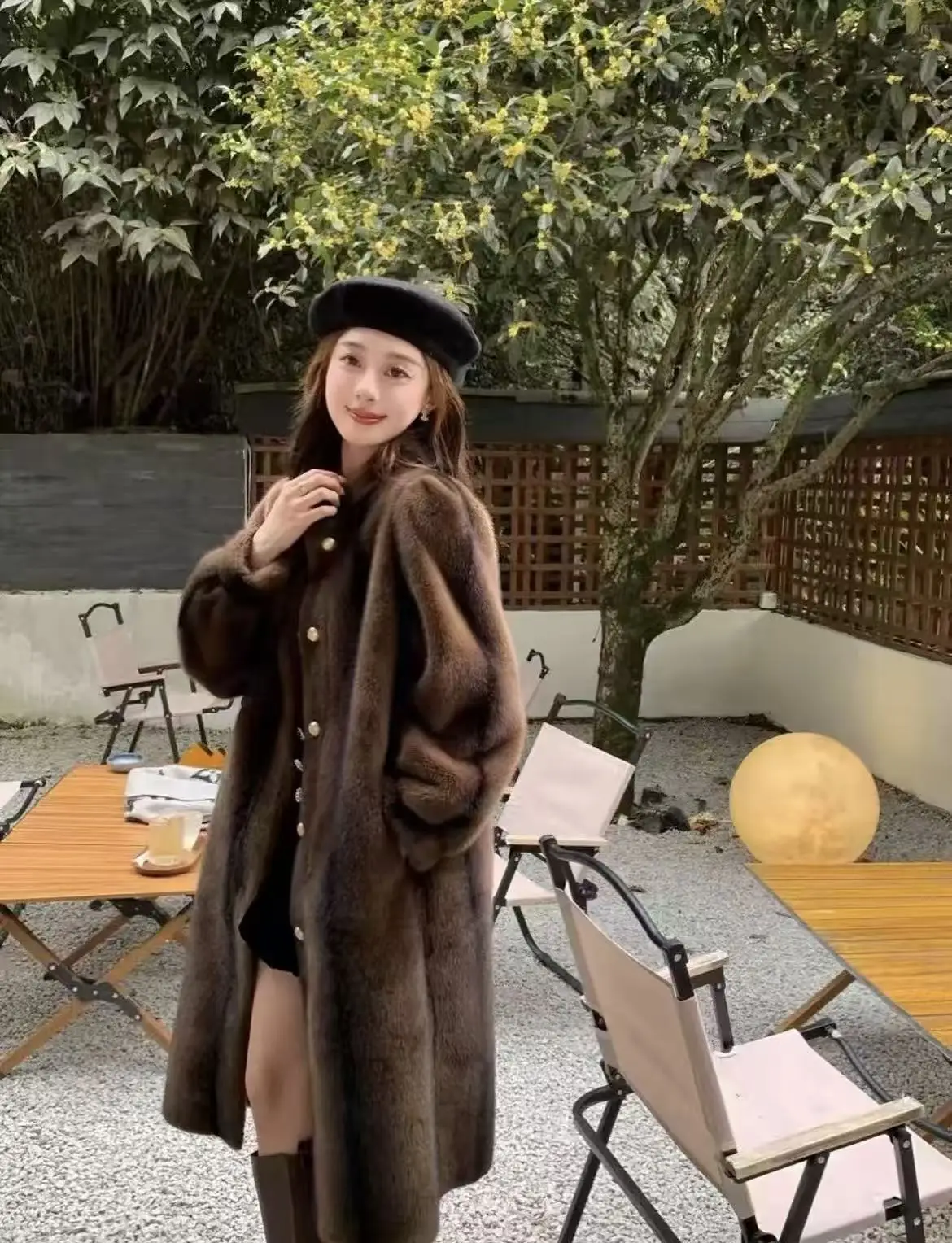 秋冬新作ミディアム丈フェイクオッターコートヴィンテージヘップバーンスタイルエレガントレトロ中年女性ファッションアウター