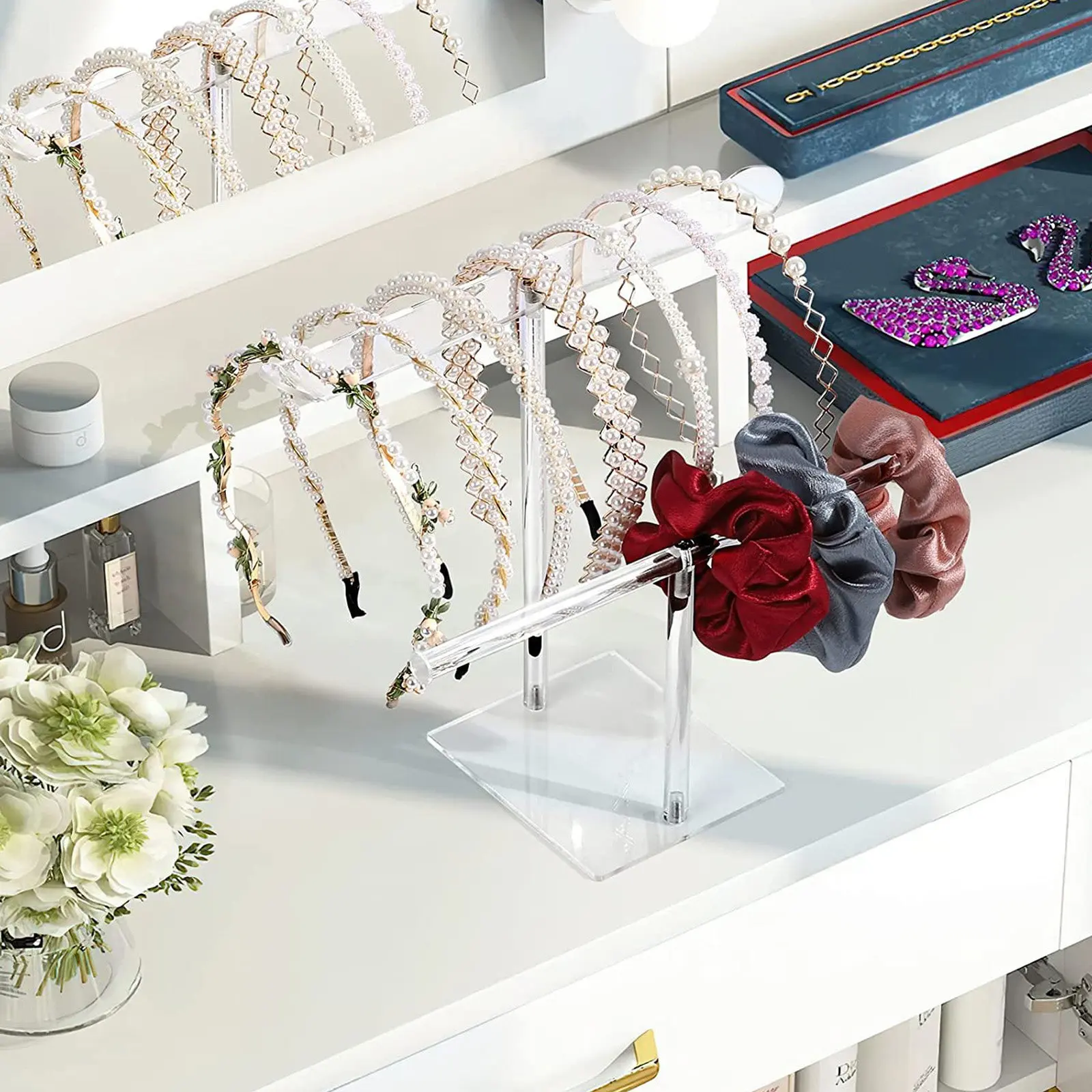 2-Tier Acrylic Scrunchies Holder Transparent Hairband Display Rack for Home Store Desktop Jewelry Organizer Headband Stand