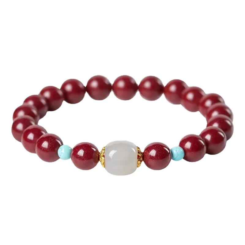 Natural Chinese Style Lucky Blessing Cinnabar Bracelet For Women Men High Purity Purple Gold Cinnabar Hetian Jade 6mm 8mm 10mm