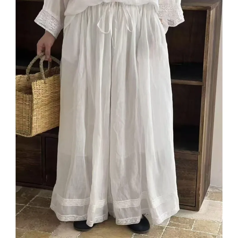 Johnature Ramie Patchwork Lace Pants Women Summer 2025 New Lace-up Elastic Waist High-waisted Cropped Pants