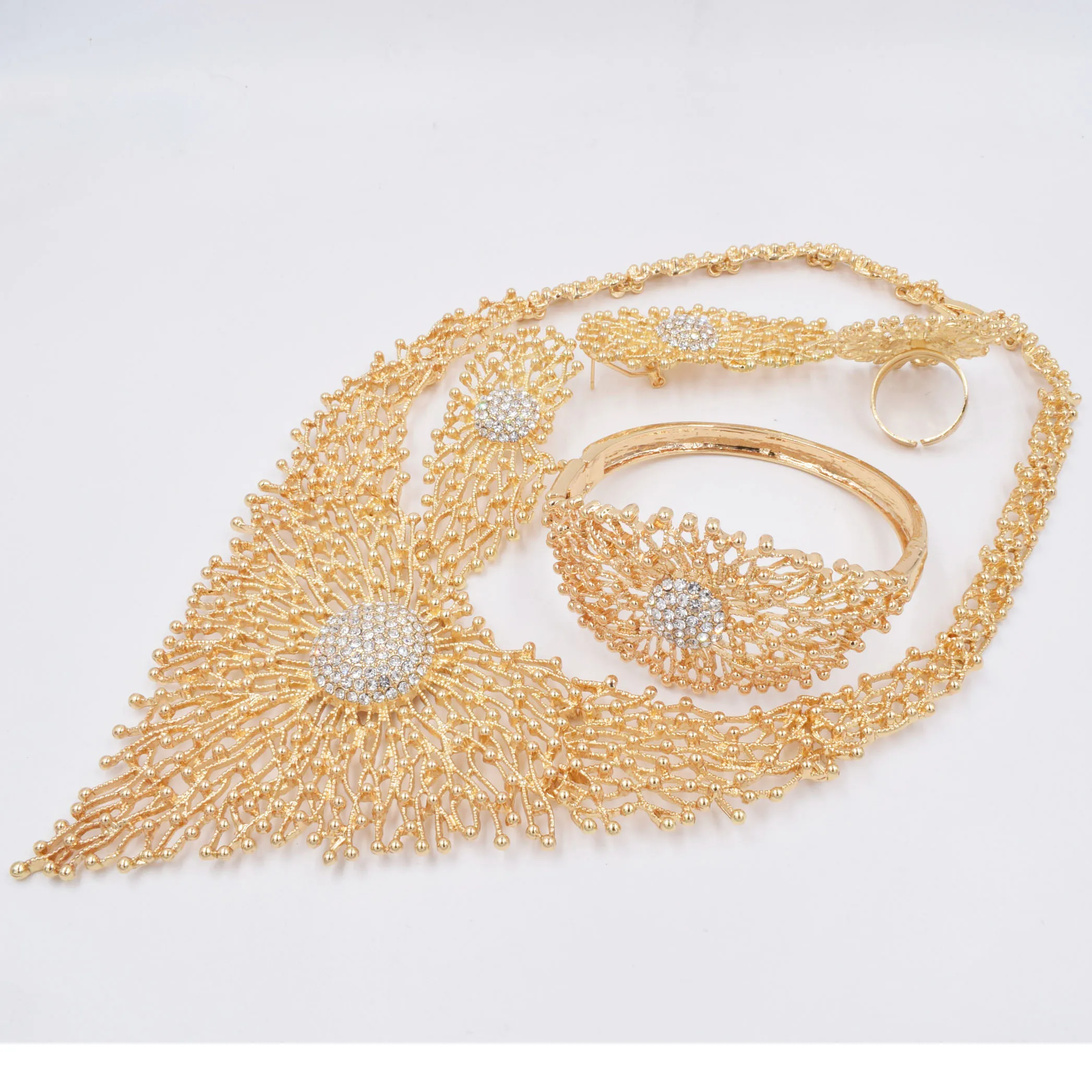 Italian Gold Plated Jewelry Set Dubai Gold Color High Quality Ladies Necklace Earrings Bracelet Rings Banquet Wedding Jewelry