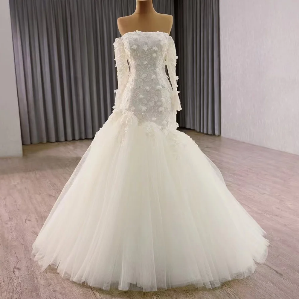 Princess Style Strapless Wedding Dress With Long Sleeves Lace-Up Back Embroidery Appliques 2026 Long Vestidos De Novia