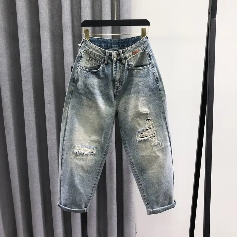

Retro High Waist Harlan Denim Jeans Women's Faion Patchwork Hole Casual Dad Loose Pants Spring 2024 New Sle