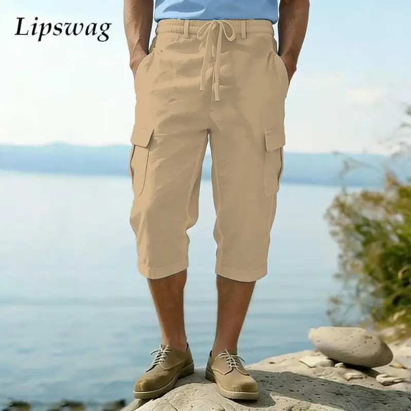 

Casual Mens Linen Shorts Knee-length Loose Straight Cargo Shorts Men Spring Summer Daily Leisure Breathable Multi Pocket Shorts