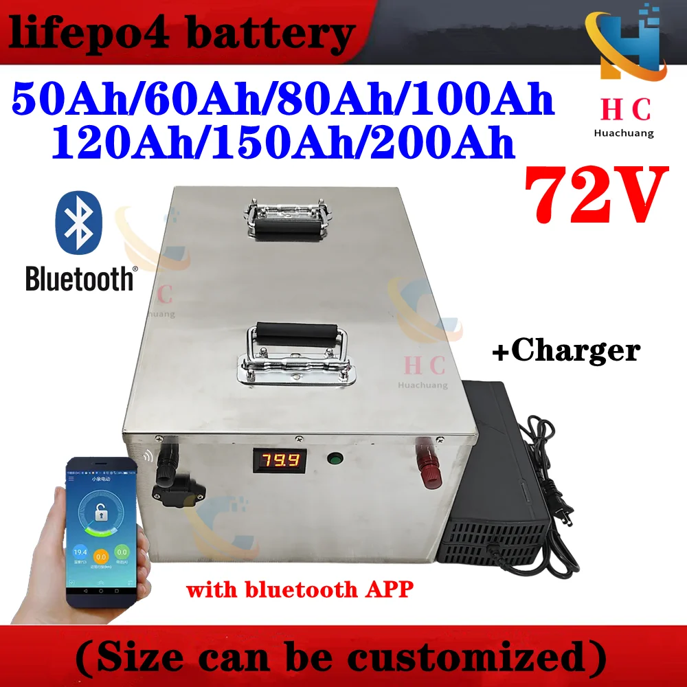 

lithium 80Ah 72V 100Ah 200Ah 120Ah 150Ah lifepo4 battery bluetooth BMS APP for 7000W scooter Motorcycle inverter + charger