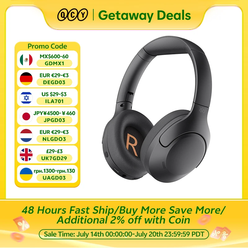 

QCY H3 Lite ANC Wireless Headphones Bluetooth 5.3 Active Noise Cancelling Over Ear Headset 40mm Driver HiFi Sound Earphones