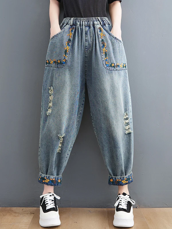 

Summer Embroidered Hole Denim Pants Large Size Casual Harajuku Nine Points Women's Loose Leggings Trousers Age Reduction