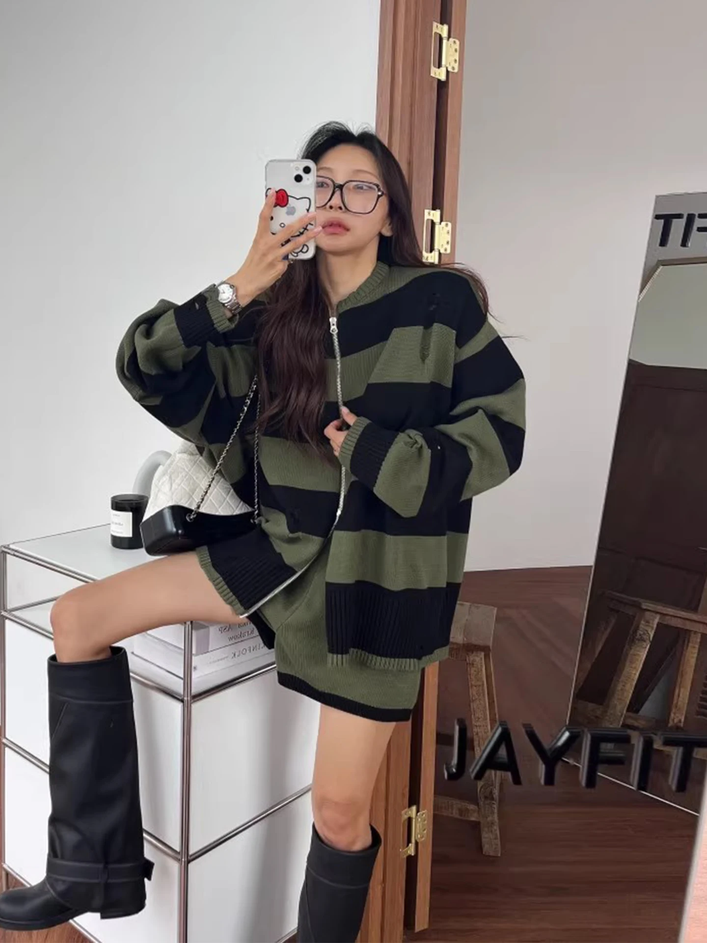 أنيقة الخريف عالية الخصر التباين اللون شريط تريكو المرأة مزدوجة سستة ثقب تصميم Faion مجموعة مع السراويل ort #2