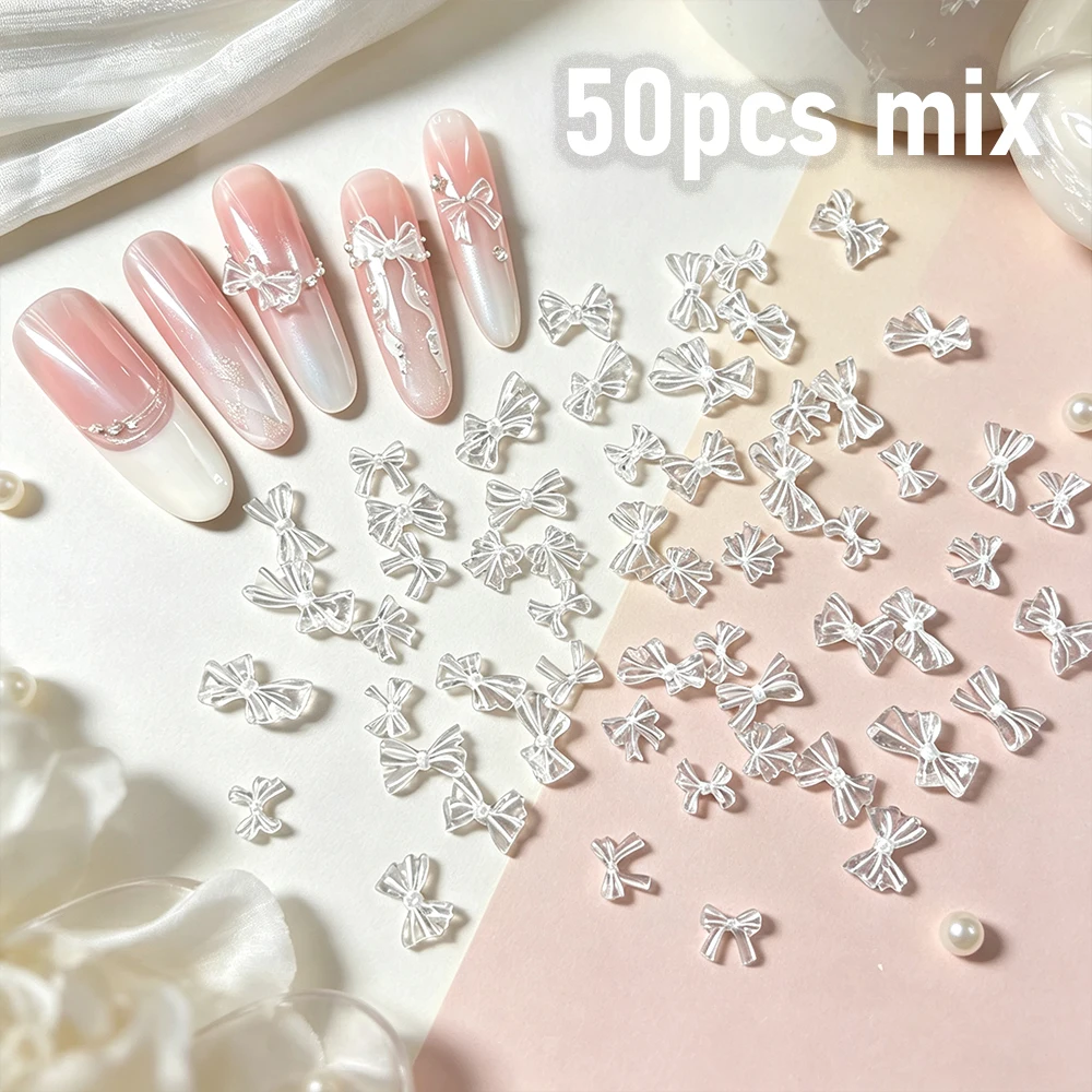 50pcs Mixed Clear Moonlight Bow Nail Charms 3D Transparent Resin Bowknot Nail Decorations Sweet Elegant Nail Accessories For DIY