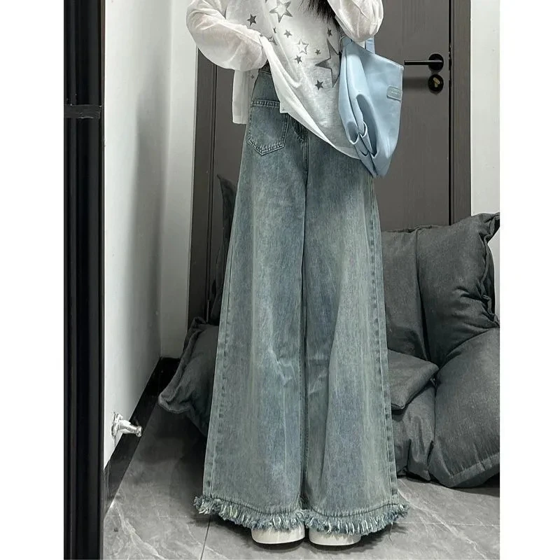 

Vintage Deep Blue Wide-leg Jeans For Women Loose Fit Slimming Straight-leg Pants Draped Floor-length Trousers Trendy