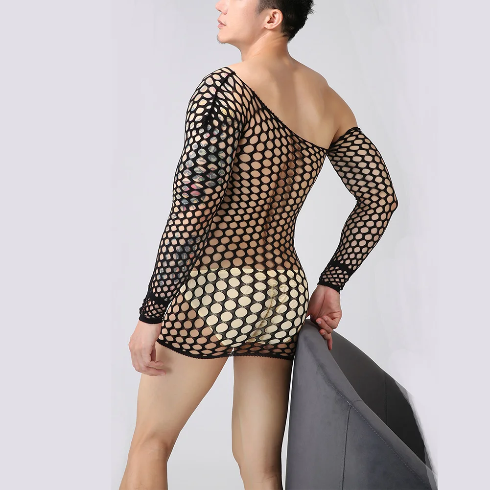 Männer Fishnet Kleid Erotische Dessous Langarm Kleider Aushöhlen Durchsichtige Weiche Schlaf Party Club Schnell Trocknend Weiche Erotische hombre