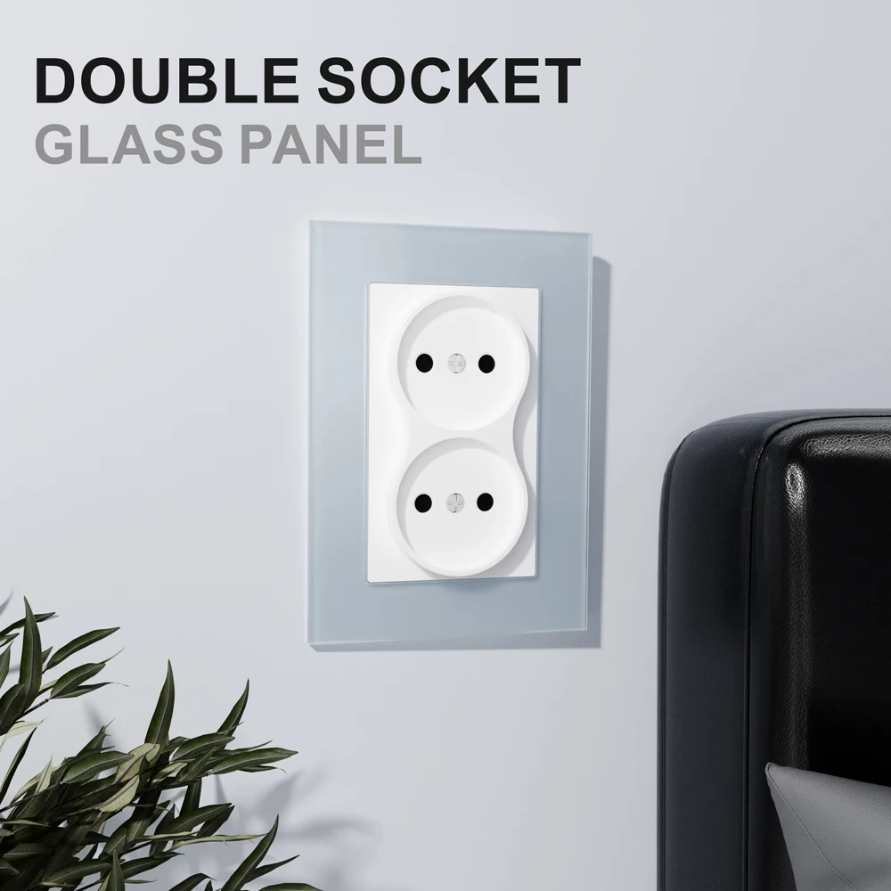 European standard double Russian socket 120 * 86 16A 250V wall socket Tempered glass panel double flat plug wall socket with CE