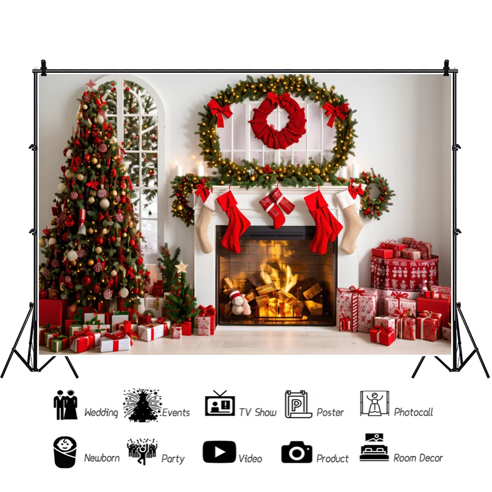 メリークリスマス屋内シーン写真撮影背景暖かい暖炉と靴下クリスマスツリー装飾家族の肖像画撮影背景