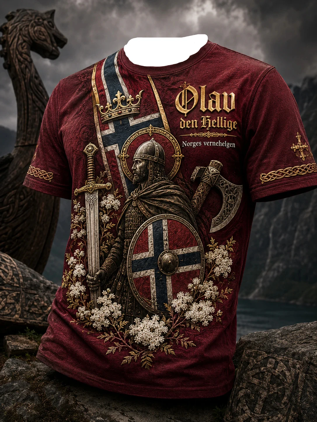 Saint Olaf (Saint) Norwegian Viking Warrior T-shirt - Red Norwegian Flag Shield Sword Axe Dragon Boat Print Short-Sleeved Shirt