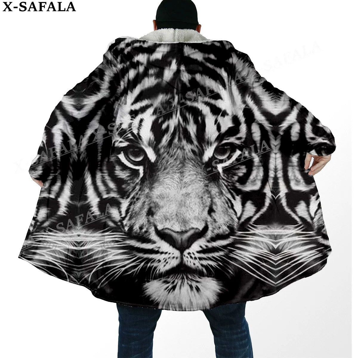 Mythology Tiger The King Spirit Thick Warm Hooded Cloak Men Overcoat Coat Windproof Fleece Cape Robe Hooded Blanket-49