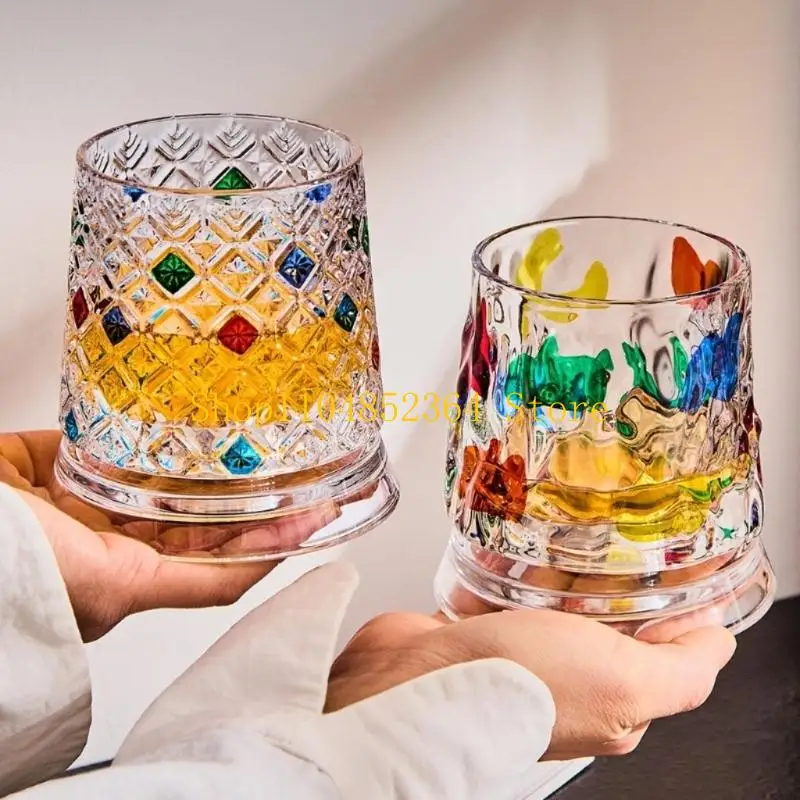 652F Hand Painted Rotating Whiskeys Glasses With 360 Degree Swivels Base And Carbites Cut Star Designs For Bourbons Cocktails