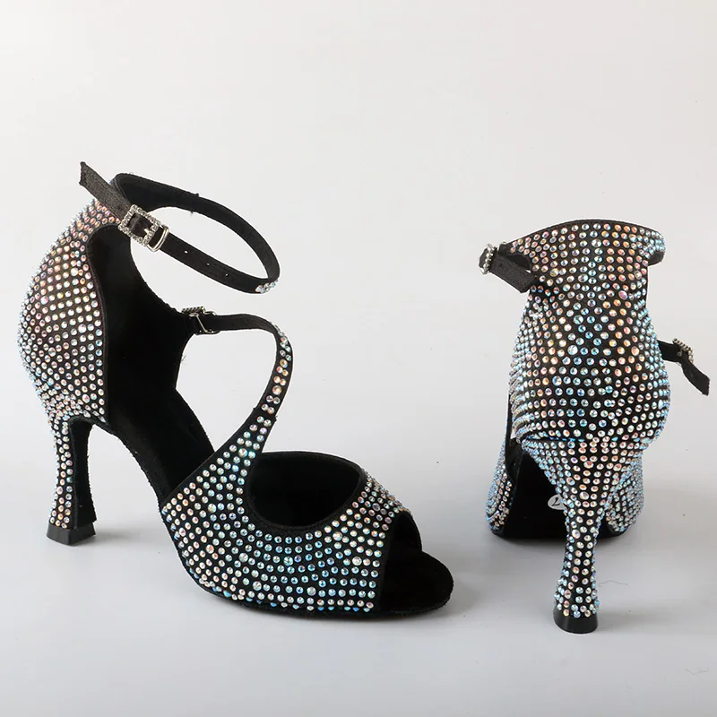 Venus Lure ที่กําหนดเองสุภาพสตรีรองเท้าเต้นรําบอลรูม Rhinestones Suede Sole ซาตินสีดําส้นเต้นรํารองเท้าแตะ 9 ซม