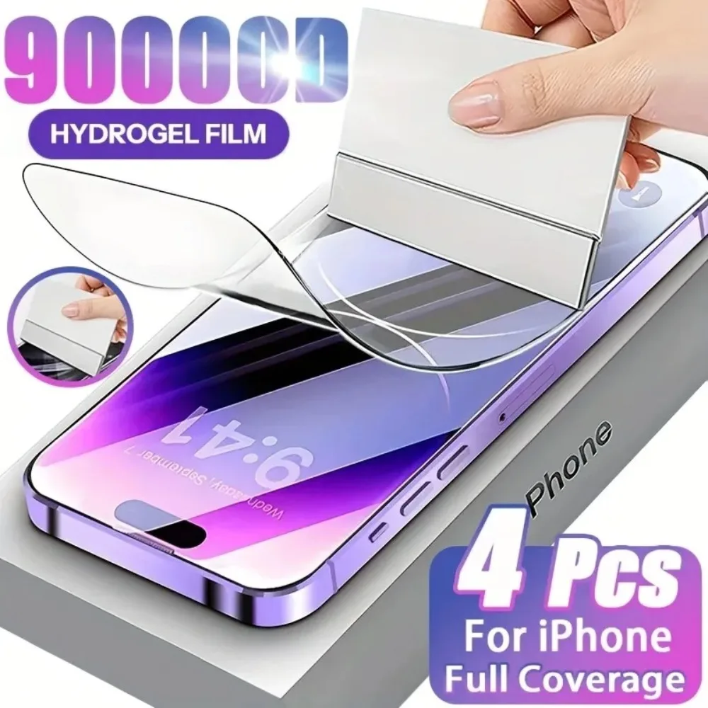 4Pcs Full Cover HD Hydrogel Film for IPhone 17 Promax 15 16 Plus Screen Protective Film 14 Promax 12 Mini 13 Promax 11 XS XR 8 7
