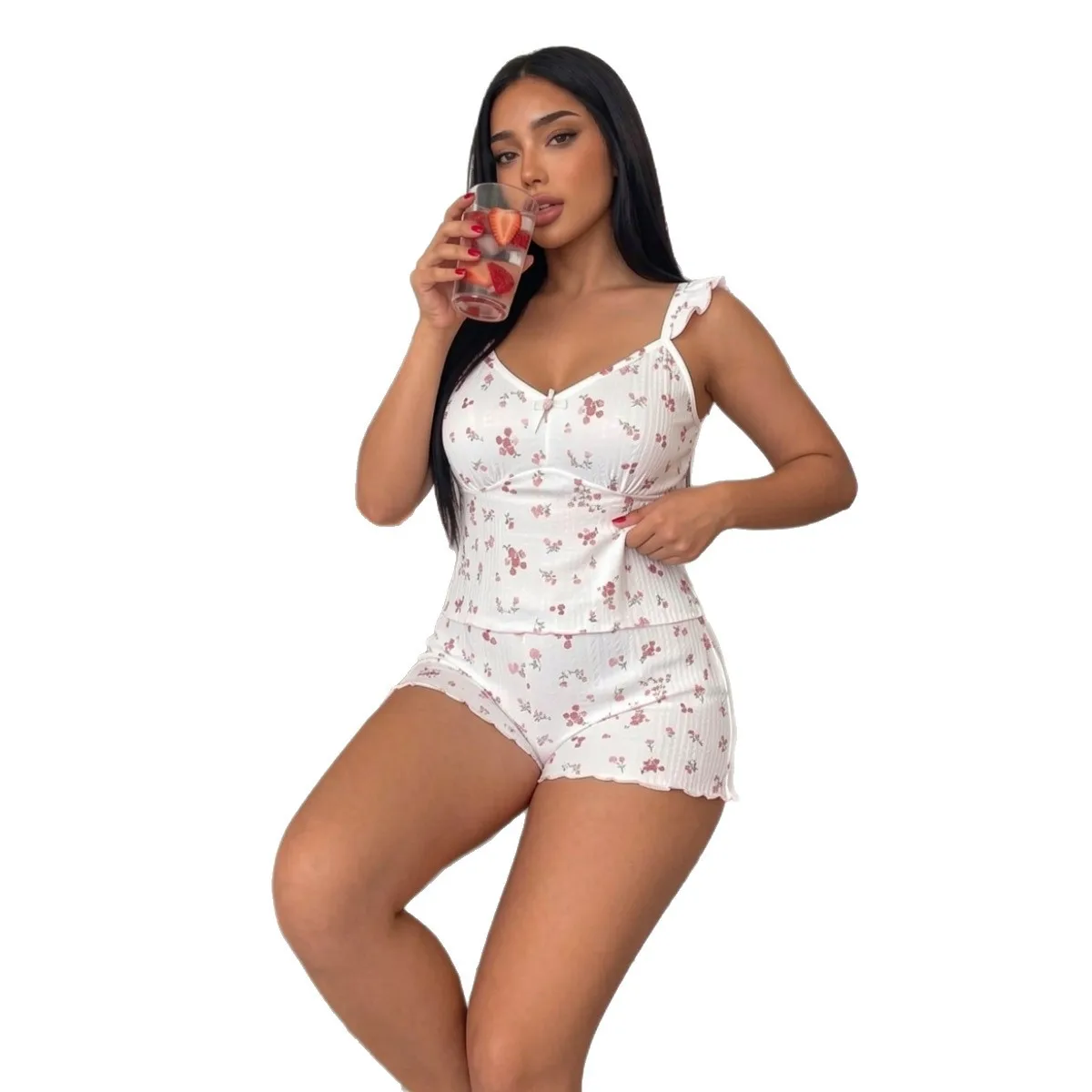 Women Floral Print 2 Piece Pajama Set Ruffle Strap Cami Top With Bow Decor Ruffle Hem Shorts Soft Ribbed Sleepwear Loungewear