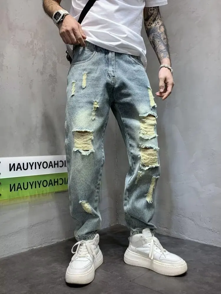 Summer Cropped Ripped Jeans Men's Loose Retro Ankle-Tied Harem Pants Pants Internet Hot Fashion Brand Scrape Beggar Pants