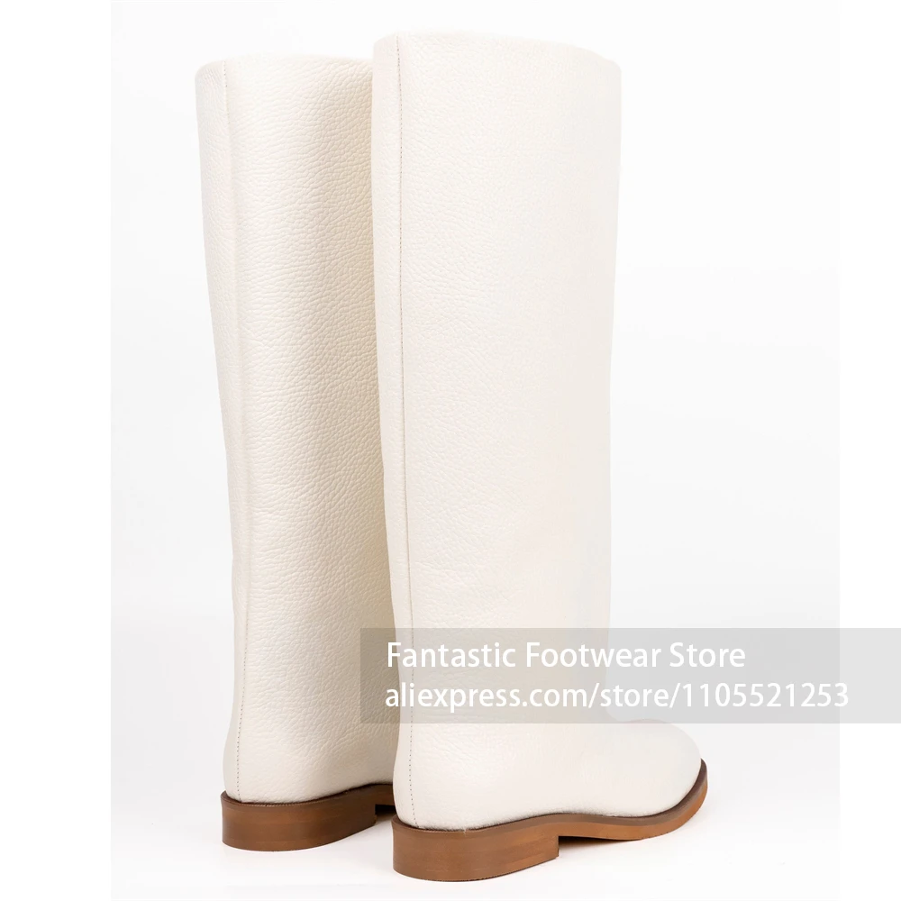 Genuine Leather Round Toe Design Boots Flat Low Heel Sole Tall Boot Slip On Pull On Style Casual Boots Straight Tall Shaft Boots
