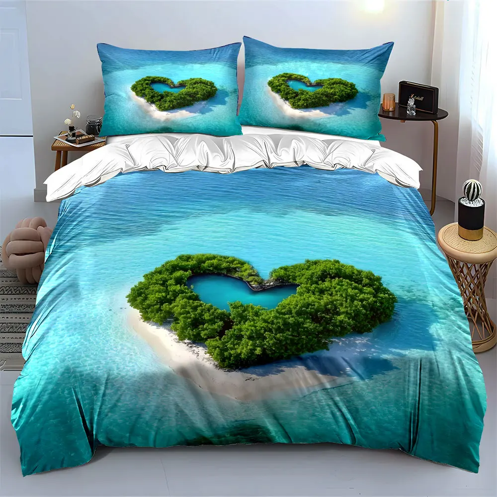 

Heart-Shaped Island Nature Decor Bedding Set with 1 Duvet Cover 2 Pillowcases Single Double King Queen, Gift