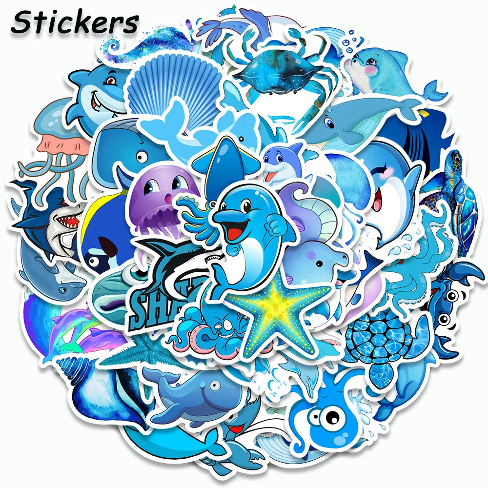 49PCS Blue Ocean Stickers Cartoon Dolphin Graffiti Decals For Laptop Cup Skateboard Suitcase Guitar Waterproof Animals Stickers