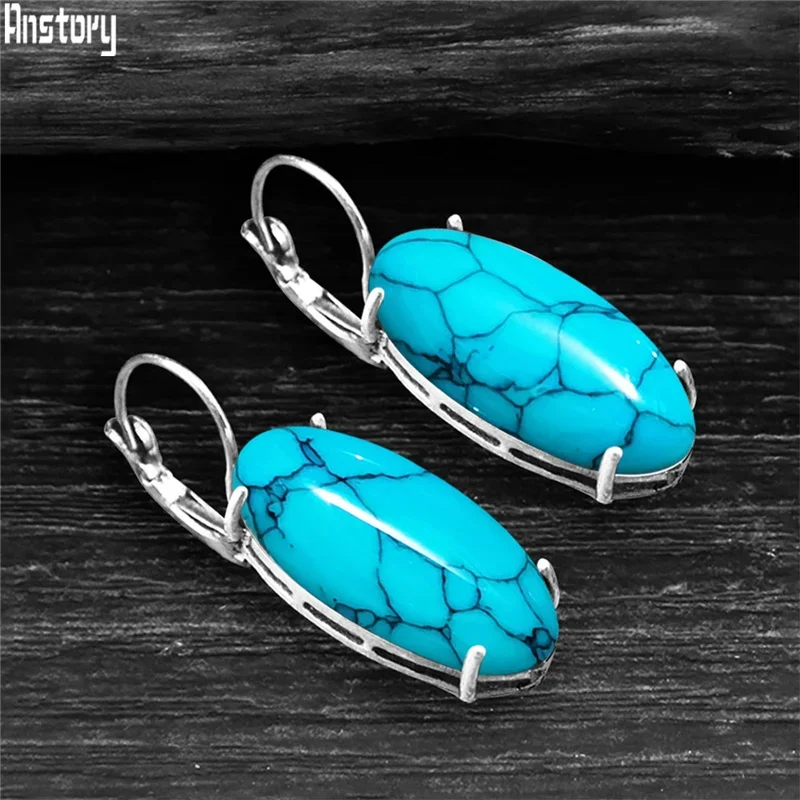 Big Vintage Eye Shape Synthetic Turquoises Earrings For Women Antique Silver Plated Fashion Jewelry Earring