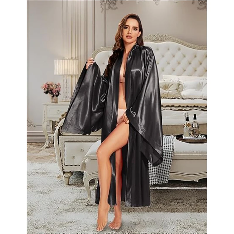 

Elegant Floor Long Length Robe Silk Bridal Wedding Dressing Kimono Robe Bridal Party Bride Robe Black Kimono Robe