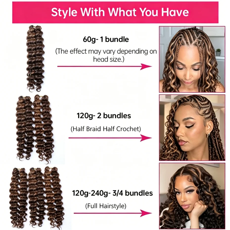 4/27 Highlight Loose Deep Wave Feather Crochet Human Hair Raw Brazilian Hair Bulk Pre Looped Hair Extensions Invisible Miracle Knots Feather Crochet Hair 14-24 Inchs Brown Highlight Real Human Hair Full Head Braiding Hair for Women Daily Wear - view 5