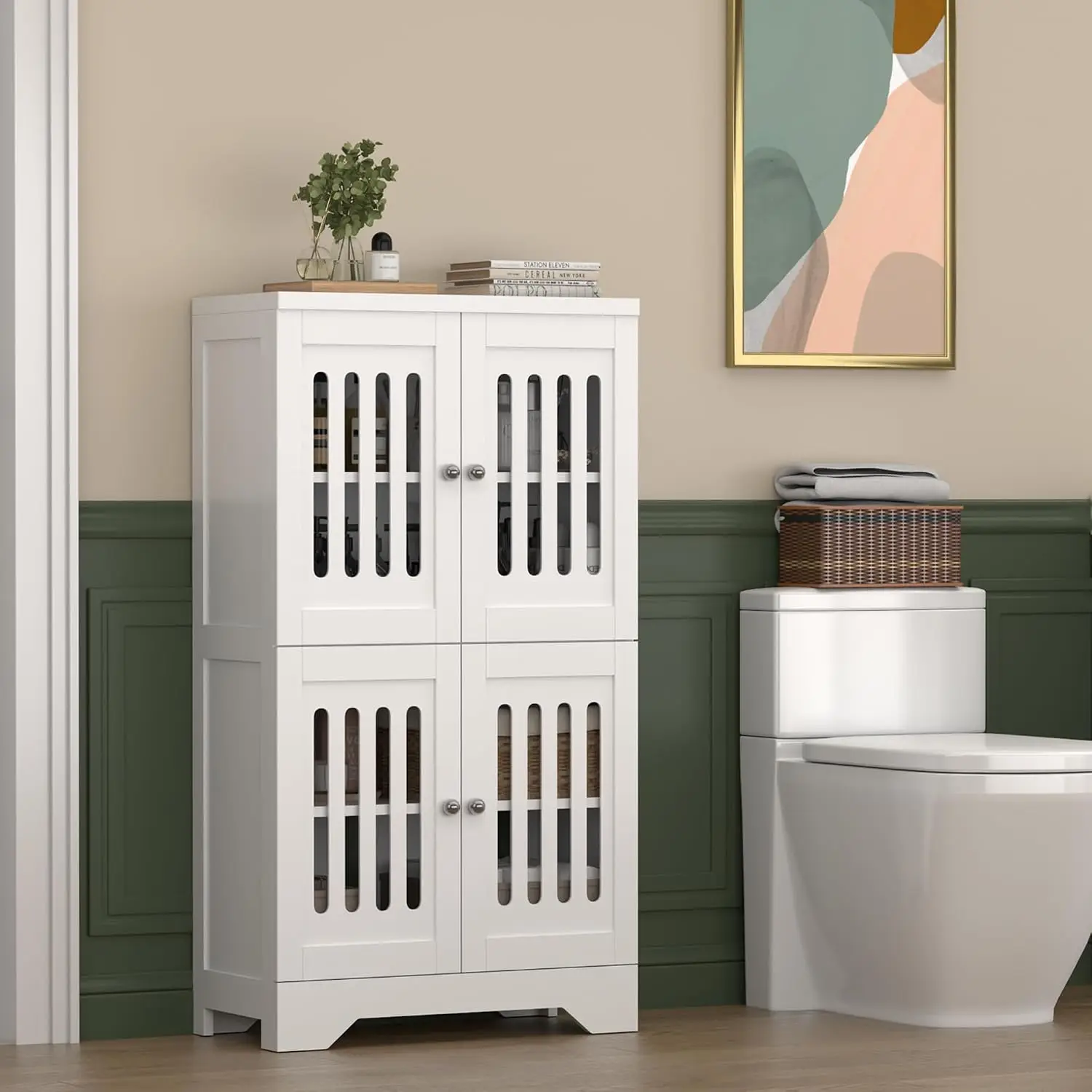 Bathroom Cabinet with Lights, 4-Door Adjustable Shelves, Buffer Hinges, White Pantry for Living Room & Kitchen, Customized